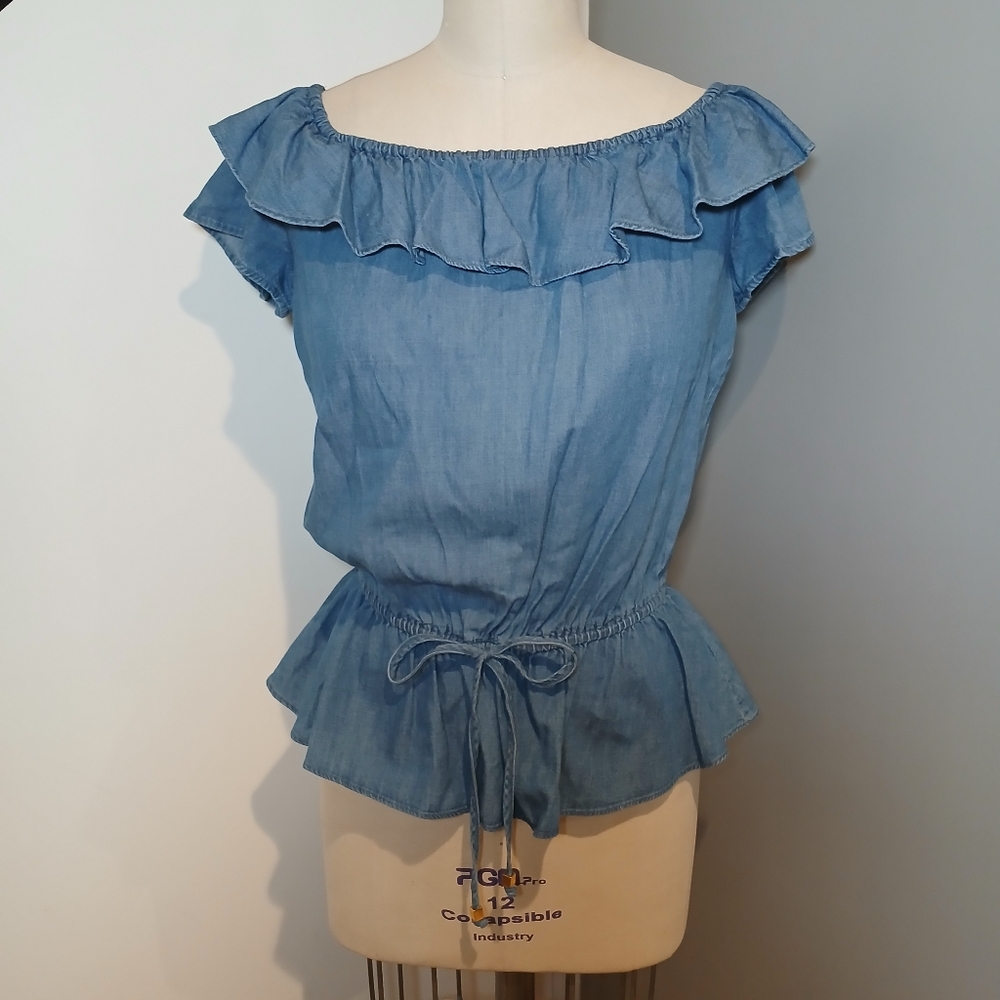 MICHAEL Michael Kors Denim Chambray Ruffle Top Size Small - Picture 2 of 8